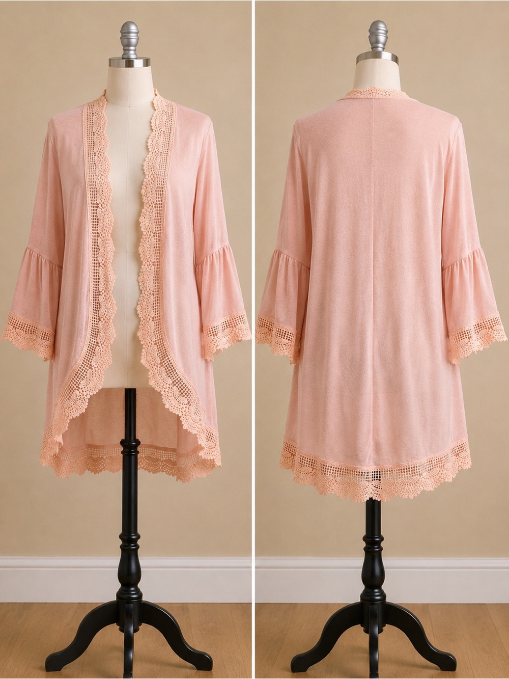 Spadehill Blush Pink Crochet Lace Trim Bell Sleeve Kimono Cardigan M - Picture 4 of 17